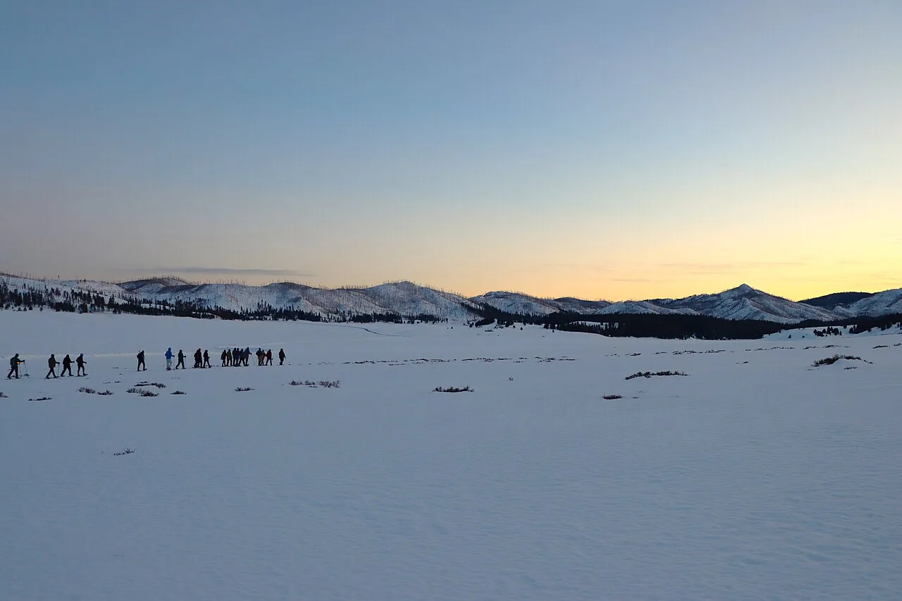 Gruppo di ciaspolatori in fila indiana al tramonto con la guida e la lanterna: ciaspolata notturna