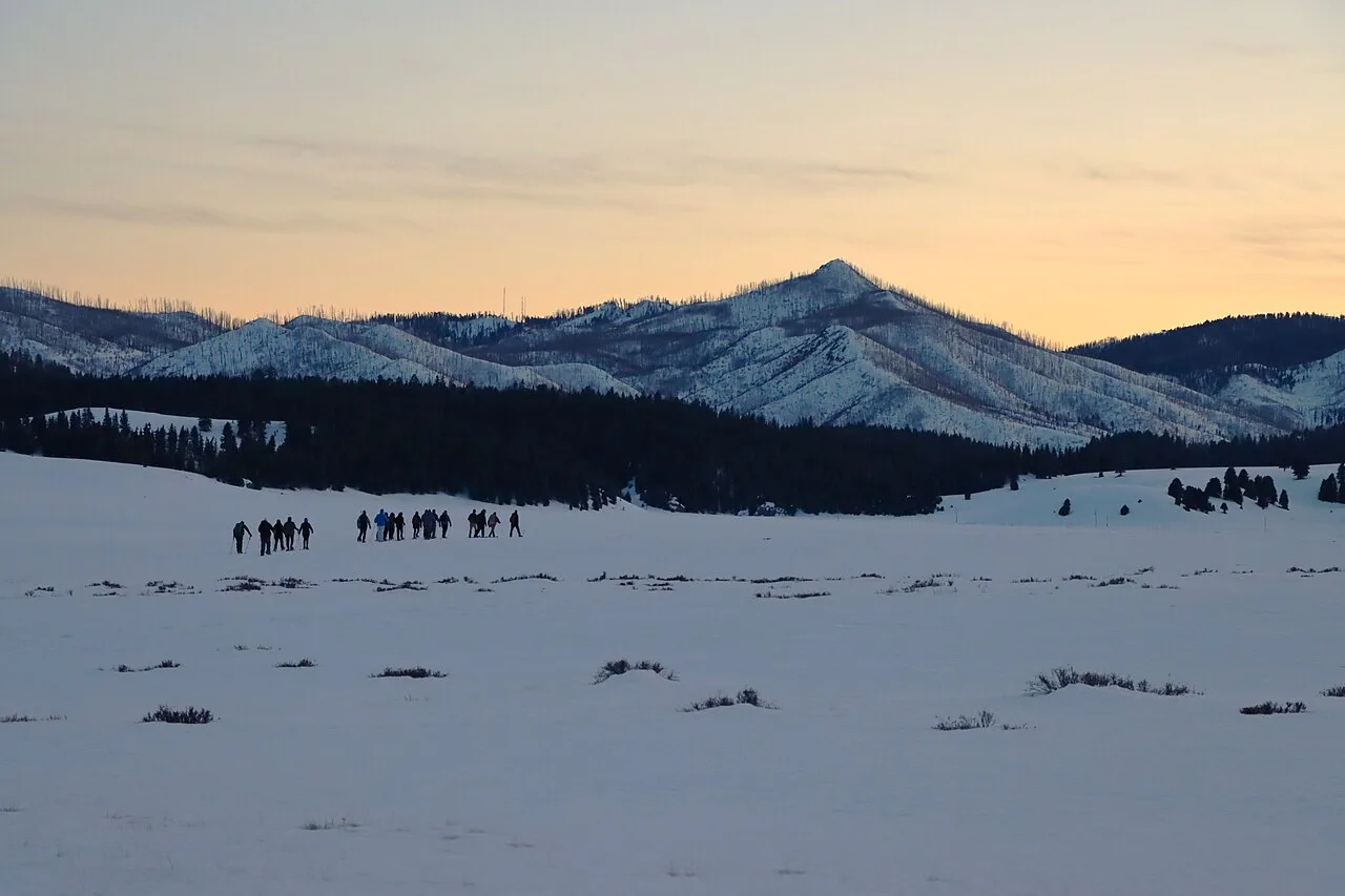 Ciaspolata notturna: fila di ciaspolatori che cammina verso il tramonto in una valle innevata