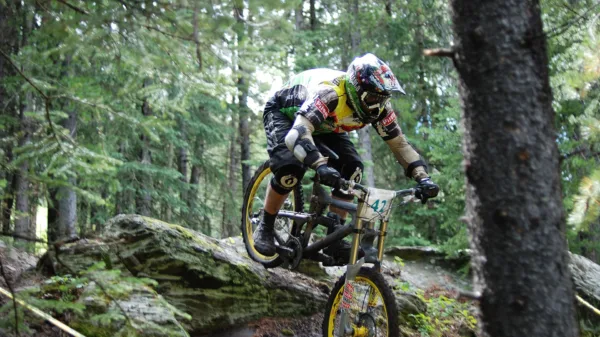Discesa in mountain bike in un bosco