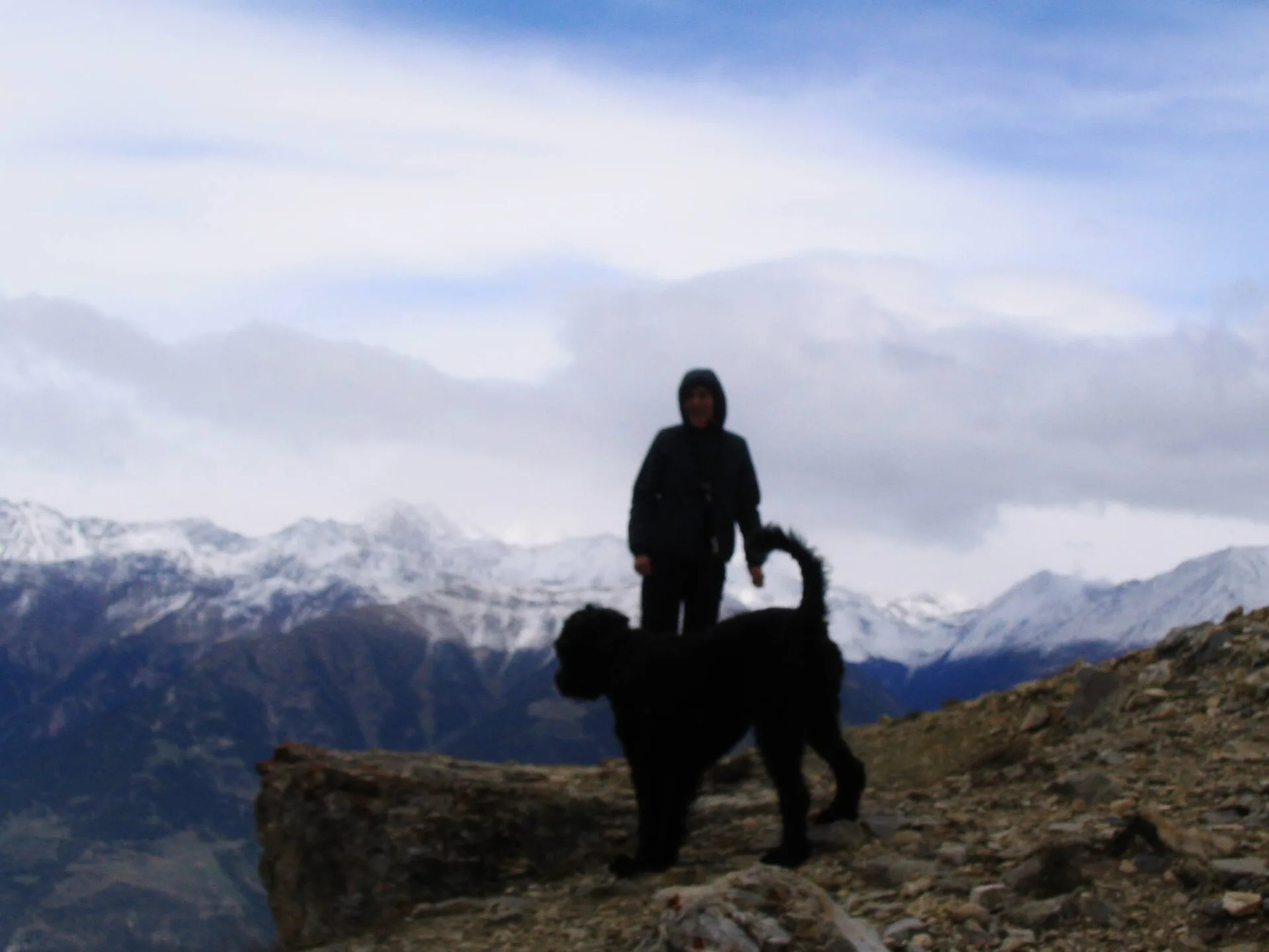 Escursionista e cane su uno sperone di roccia con montagne innevate sullo sfondo