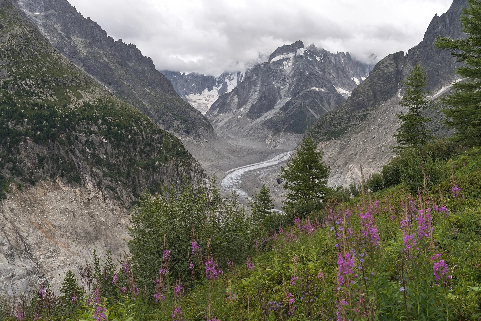 Il ghiacciaio Mer de Glace visto dalla stazione di Montenvers, sopra Chamonix